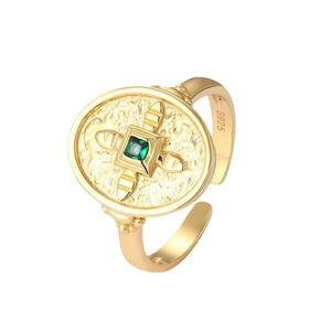 S925 sterling silver gold shield ring with green zircon and vintage textures