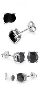 Close-up of S925 silver four-claw earrings with round cut black cubic zirconia stones