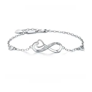 Detail view of S925 sterling silver infinity heart bracelet with sparkling zircon stones