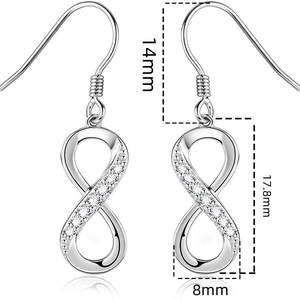 Detailed view of silver infinity earrings with sparkling zircon stones and dimensions