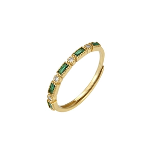 Elegant S925 sterling silver ring with green emerald-cut stones and white zircon crystals