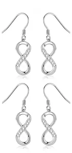 Macro shot of 925 sterling silver infinity drop earrings with pave cubic zirconia