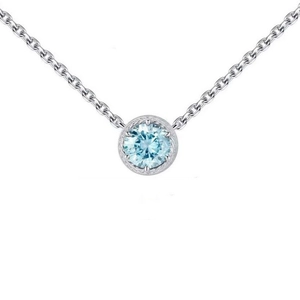 Detailed view of 925 sterling silver necklace with light blue round cut zircon pendant