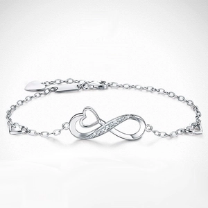 S925 sterling silver infinity heart bracelet with white zircon stones and adjustable chain