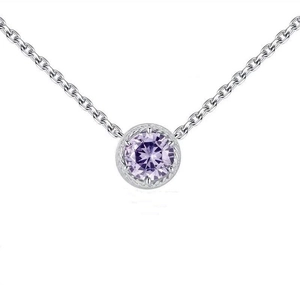 Detail of sterling silver necklace with a purple birthstone in a rope textured frame