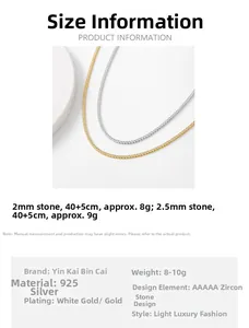 Size chart for 925 sterling silver tennis necklace with 2mm and 2.5mm AAAAA cubic zirconia