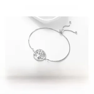 Detail of S925 silver Tree of Life bracelet with blue gems and adjustable box chain