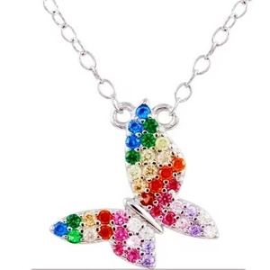 Collier Pendentif Papillon en Argent Sterling 925 Zirconia Multicolore Bijoux Arc-en-Ciel pour Femme Fête Mariage Cadeau Mode
