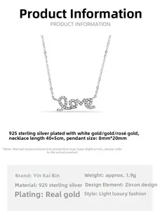 Detail of 925 sterling silver Love pendant necklace with measurements and specifications