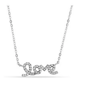 Sparkling 925 sterling silver love letter necklace with pavé zircon stones on white background