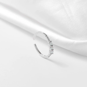 Minimalist S925 sterling silver open ring featuring three round white opals and zircon stones