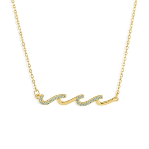 Minimalist S925 sterling silver wavy necklace with light blue stones in gold finish