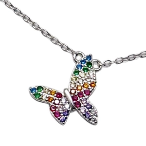 Collier pendentif papillon en argent 925 avec zircons cubiques arc-en-ciel colorés