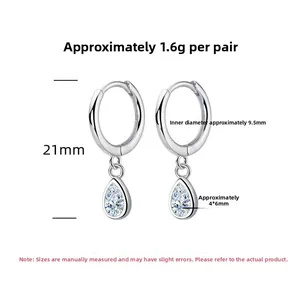 Detailed view of S925 sterling silver hoop earrings with clear teardrop zircon pendants