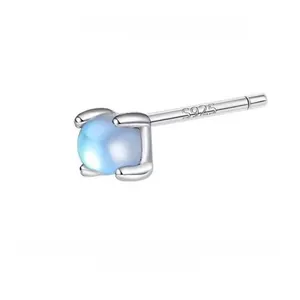 Detail showing S925 sterling silver stamp and round blue moonstone in a four-prong setting