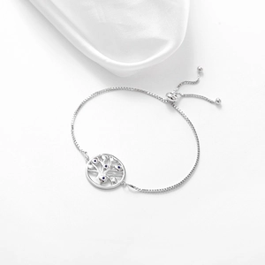 925 sterling silver Tree of Life bracelet with blue crystals and adjustable box chain