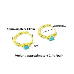 Detailed view of S925 silver beaded hoop earrings with turquoise, measuring 13mm diameter