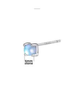 Detailed view of S925 silver earring featuring a 6mm round moonstone in a 4-claw setting
