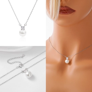 Collana in argento S925 con perla bianca tonda e ciondolo in zircone scintillante