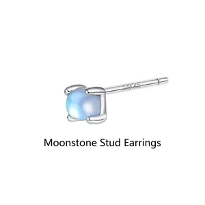 Minimalist S925 sterling silver stud earrings with four-prong set blue moonstone gemstone