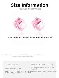 Detailed size chart for S925 sterling silver sugar cube crystal stud earrings