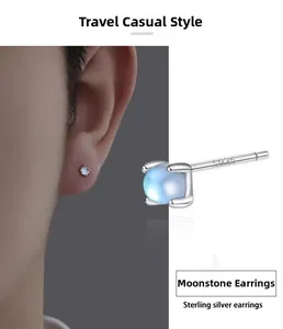 Detail view of S925 sterling silver four-prong earrings with blue moonstone crystals
