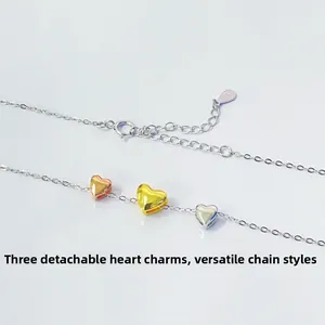S925 silver necklace featuring three detachable heart pendants in gold, rose gold and silver
