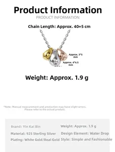 Detailed specs of 925 silver tri-color water drop pendant necklace with size information