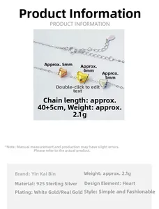 Detailed specs of S925 silver tricolor heart necklace with 40+5cm chain length