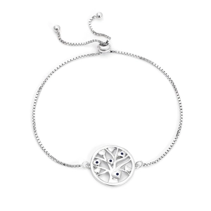 925 silver Tree of Life bracelet with heart leaves and blue stones on box chain