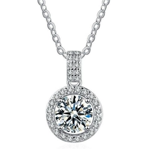 Classic S925 sterling silver halo necklace with round brilliant cut diamond-like pendant