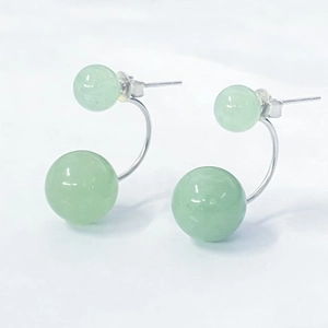 S925 Sterling Silver Natural Aventurine Jade Double Bead Stud Earrings Vintage Round Ball Earrings For Women Fashion Jewelry
