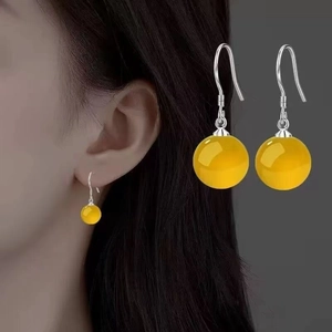 S925 sterling silver drop earrings featuring polished yellow natural agate round beads