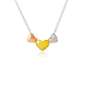 Minimalist S925 silver necklace with three-tone heart charms in gold, rose gold and silver