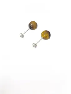 Detail view of 8mm tiger eye stone stud earrings featuring S925 sterling silver pins