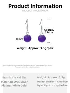 Detailed view of S925 silver amethyst earrings with 10mm round stone and size markings