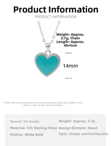 Detailed size chart for 925 sterling silver blue enamel heart necklace with 40+5cm chain