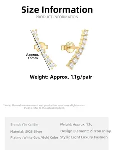 Detailed size specifications of curved S925 silver earrings with pavé set cubic zirconia