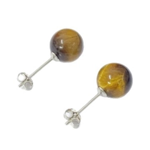 Vintage S925 silver stud earrings featuring round tiger eye stones on white background