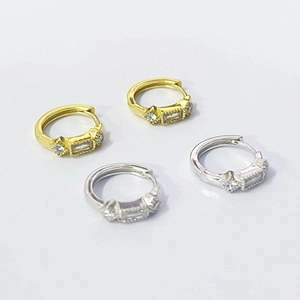 Classic S925 sterling silver huggie earrings with rectangular cubic zirconia stones