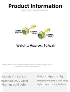 Detailed macro view of 4mm green zircon stud earring set in gold-plated s925 silver