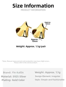 Macro detail of irregular S925 sterling silver earrings with gold finish and measurements