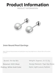 Detailed view of S925 sterling silver pearl screw-back earrings with 3mm round ball cap