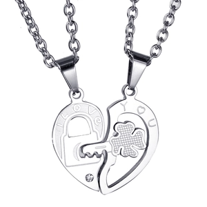 Collier Pendentif Puzzle en Forme de Cœur en Acier Inoxydable Gravé I Love You Strass Serrure et Clé Trèfle Bijoux de Couple pour la Saint-Valentin