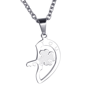 Collier pendentif cœur pour couples en acier inoxydable argenté avec clé et trèfle