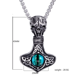 Detailed size view of retro Thor's Hammer pendant with skull, stone, and dimensions