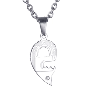 Collier puzzle cœur en acier inoxydable poli avec gravure I Love et cristal blanc