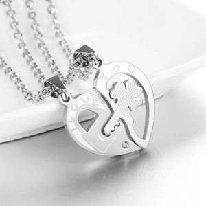 Collier puzzle cœur en acier inoxydable avec gravure I Love You et pendentif trèfle