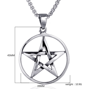 Tableau des tailles détaillé du pendentif pentagramme vintage en acier avec dimensions