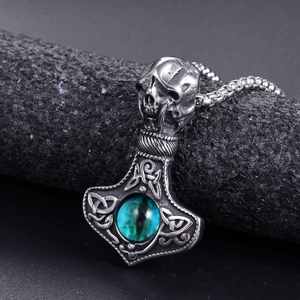 Vintage stainless steel Thor's hammer necklace with skull head and blue dragon eye stone
